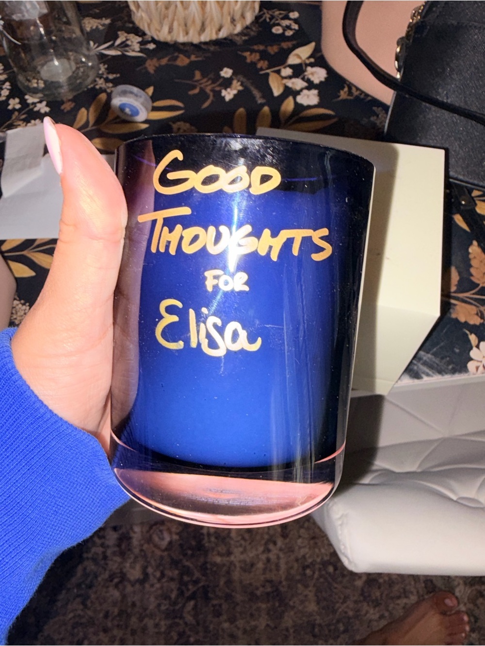 Good Thoughts  Blue Glass Candle